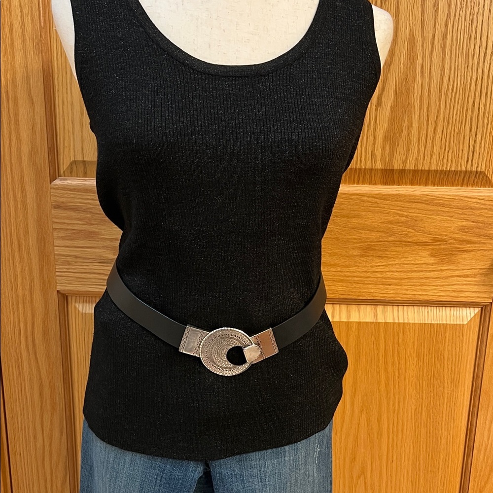 Chico’s Genuine Black Leather Belt with Striking Silver Clasp Buckle Size S/M